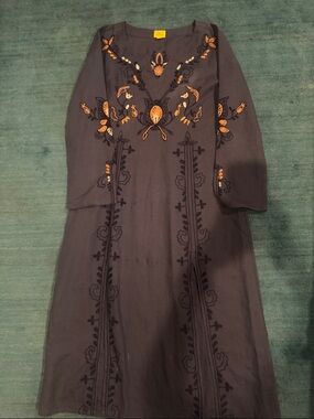 Roller Rabbit Navy Blue Maxi Dress with Orange Embroidery